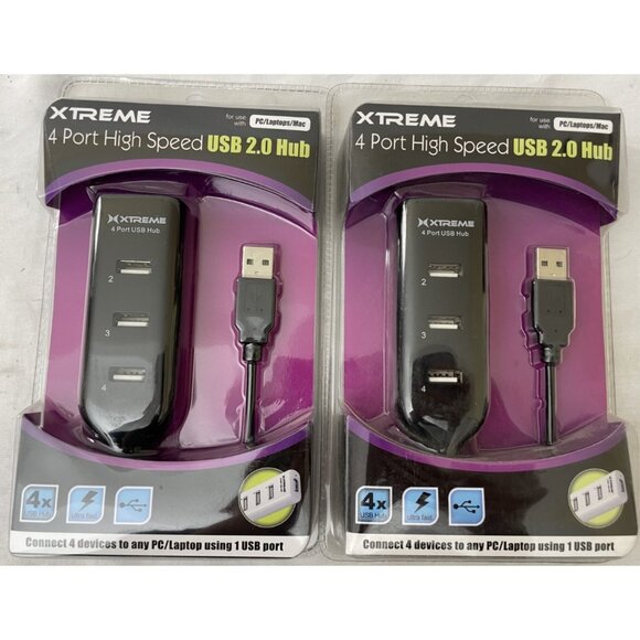 XTREME 4 Port High Speed USB 2.0 HUB PC Laptops Mac NEW Lot of 2 Pack - Picture 1 of 3